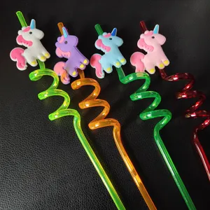 Colorful spiral drinking straws with cute unicorn PVC charms for fun party beverage decoration.