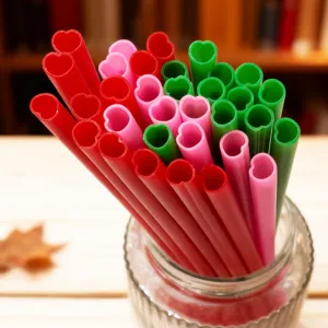 Colorful heart-shaped plastic straws, hard PP material drinking straws for parties and drinks.