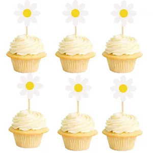 Ωραίο σετ διακοσμητικά για cupcake μαργαρίτα, λευκό και κίτρινο σχέδιο λουλουδιών για πάρτι.
