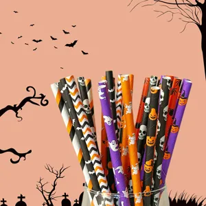Halloween paper straw detail showing spooky skull and pumpkin patterns for party drinks.