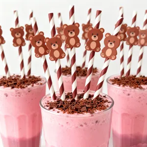 Cute bear decorated paper straws for party drinks, creative striped drinking straws for celebrations.