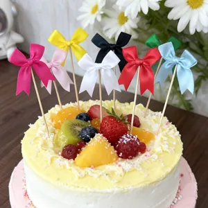 Large Swallowtail Bow Cake Topper Satin Ribbon Wooden Stick Dessert Cake Decoration For Birthday Party Wedding Baking Supplies