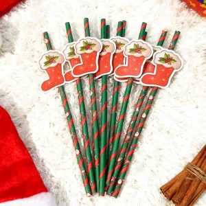 Christmas paper straws detail shot featuring cute holiday stocking cutout design for festive parties.