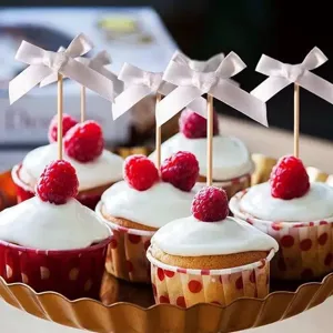 10pcs Bow Cupcake Toppers Fabric Bow Toothpick Inserts Party Baking Cake Decoration Supplies
