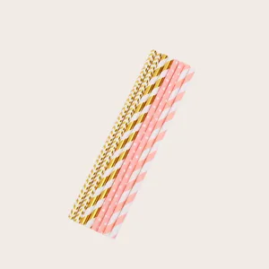 Biodegradable disposable paper straws set gold pink striped polka dot party decoration