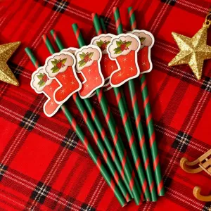 Christmas Decorative Paper Straws With Cute Santa Claus Elk Bell Tree Stocking Cardboard Holiday Party Drink Accessories