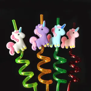 Creative PVC unicorn shaped spiral drinking straws, colorful party decoration drinkware set.