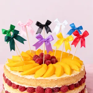 Colorful satin ribbon bow cake toppers for baking party desserts, exquisite handmade decorative inserts.