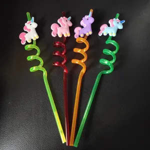 Colorful curly plastic drinking straws with cute unicorn toppers, 4pcs set for party use.
