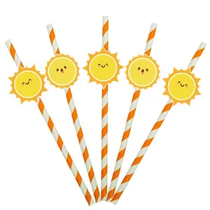 Detailed close-up of cute smiling sun paper straws with orange stripes for party decor.