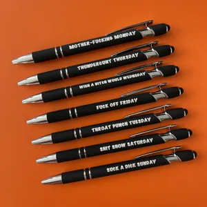 Lustiges Kugelschreiber Set mit Touchpen, schwarze Stifte mit witzigen Sprüchen für Geschenke.