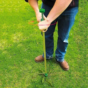 Manual weed puller detail showing long aluminum handle and spring mechanism in garden grass.