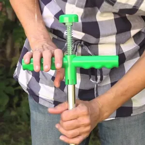 Handheld weed puller garden tool detail showing green handle and metal rod for easy root removal in lawns.