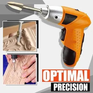 Detail view of electric woodworking engraving tool with sharp three-blade milling cutter.