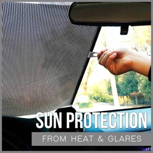 Detail van intrekbare auto zonnescherm met gaas scherm en bevestigingsclip voor zon.