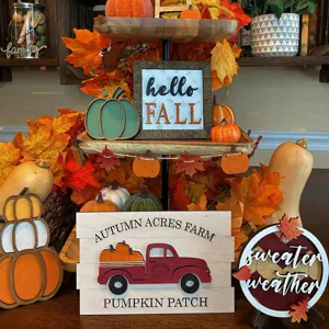 Autumn tiered tray decor set with wooden pumpkin signs and fall decorations for home.