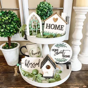 Farmhouse Tiered Tray Decor Wooden Sign Home Sign Mini Potted Plant Rustic Tabletop Ornament Home Decor Gift