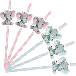 Cute watercolor elephant party straws detail, perfect for baby shower and kids birthday.