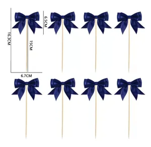 Dark blue satin bow cake toppers set with wooden sticks for baking party dessert decorations.
