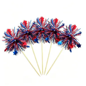 Patriotic firework picks with red white blue tinsel and stars for party cake decoration