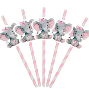 Animal Theme Elephant Paper Straws And Cake Topper Party Decorations Cute Watercolor Elephant Design For Kids Birthday Party