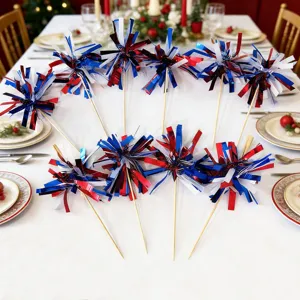 Red white and blue foil tinsel cake picks for patriotic holiday party dessert decoration.