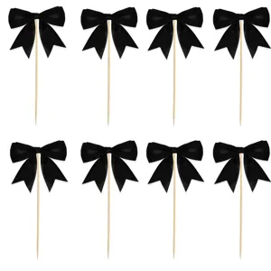 Black bow cake toppers wooden sticks for party dessert baking decoration set 8pcs