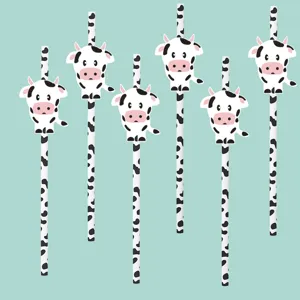 Cute cow paper drinking straws for party decoration, disposable eco-friendly drink decor.