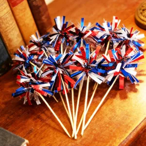 Patriotic foil fringe cake toppers red white and blue firework picks for independence day