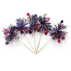 Red white and blue foil firework cake toppers patriotic party decorative food picks for cup cake