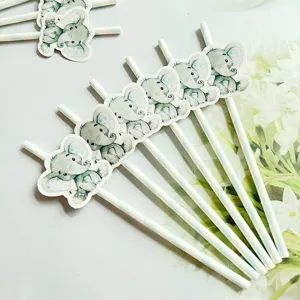 Cute watercolor elephant paper straws and cupcake toppers set for kids birthday party decoration.