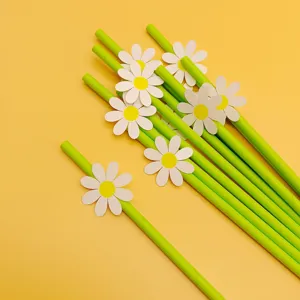 Green paper drinking straws with cute daisy flower cards for wonderful party decoration.