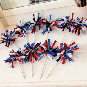 Red white and blue foil tinsel cake picks patriotic party dessert cupcake toppers decorations.