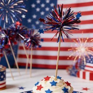 Independence Day cake toppers red blue star tinsel picks patriotic party dessert decor
