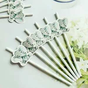 Cute watercolor elephant paper straws for baby shower birthday party dessert table decorations.