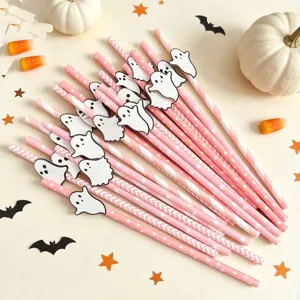 Halloween paper straws set with cute ghost decorations, perfect for spooky party dessert table decor.