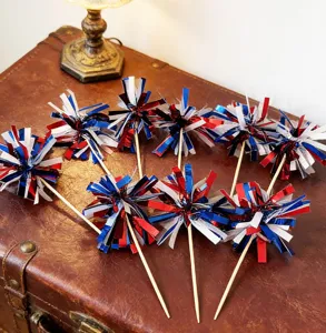Patriotic cupcake toppers red white and blue foil fringe star picks for party decorations