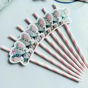 Cute pink striped paper straws with adorable elephant cutouts for kids birthday party and baby shower.