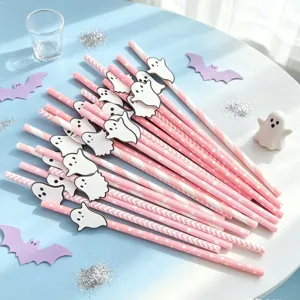 Cute pink Halloween paper straws featuring lovely ghost decorations for dessert table decor.