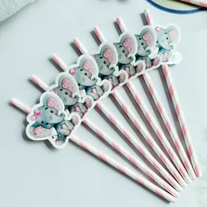 Elephant paper straws with cute animal toppers, perfect for kids birthday party decoration.