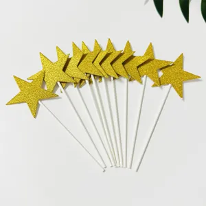 Glitter Gold Five Pointed Star Cake Toppers Paper Stick Dessert Cupcake Topper For Birthday Party Baking Decoration