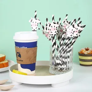 Cute cow paper straws for party decoration, disposable biodegradable animal drink straws set.