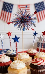 Independence Day cupcake toppers, patriotic fireworks picks and star tinsel picks for desserts.