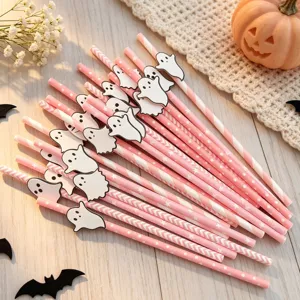 Cute Halloween paper straws featuring ghost decorations, ideal for party dessert tables.