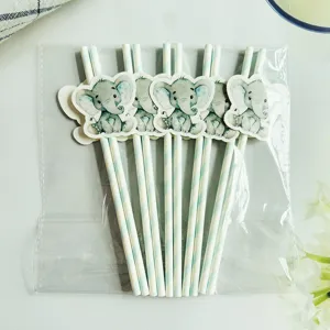 Detailed view of cute elephant paper straws and party decoration cake toppers in clear pack.