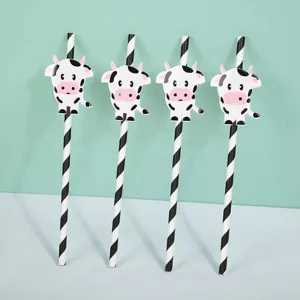 Cute cow paper drinking straws for party decorations black and white striped 4pcs pack