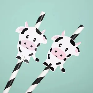 Disposable Paper Drinking Straws With Cute Cow Animal Decor Biodegradable Party Tableware Supplies For Birthday Wedding