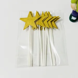 Gold glitter star cake toppers set, party dessert decoration sign with white sticks in bag.