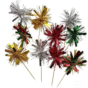 Colorful tinsel firework cocktail picks and cake toppers for festive party decorations.