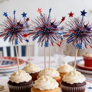 Firework cupcake toppers red white and blue star tinsel picks for 4th of July party decor